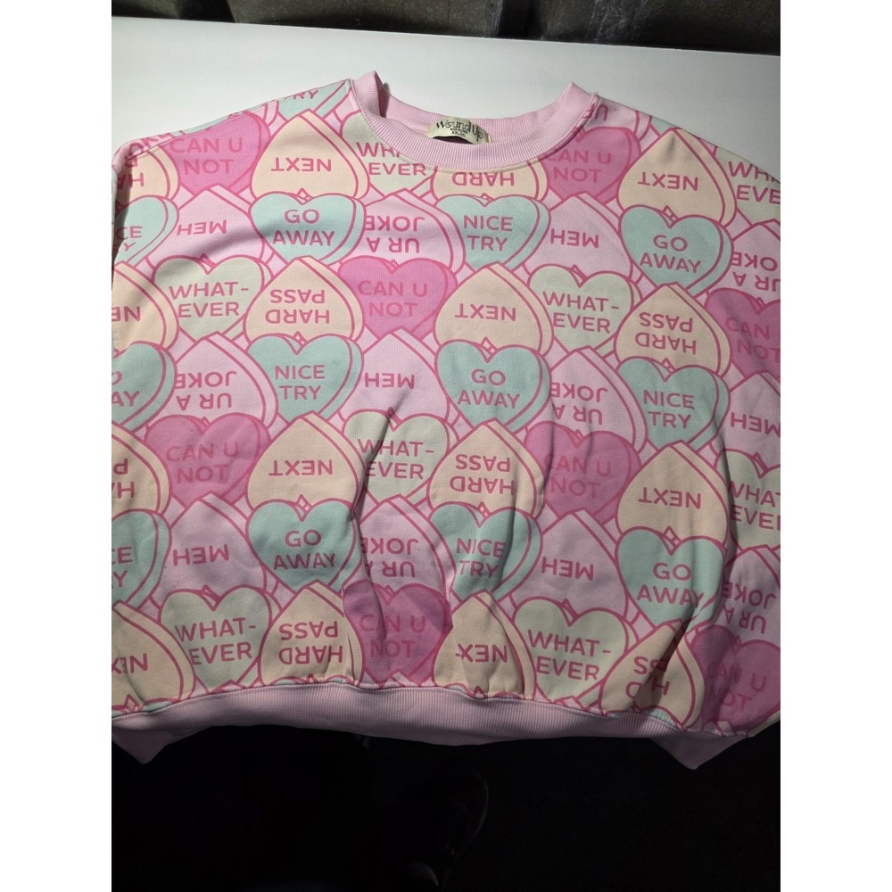 WOUND UP CREW NECK SWEAT SHIRT WOMENS SZ XXL VALENTINE CANDY HEARTS 0526-19
